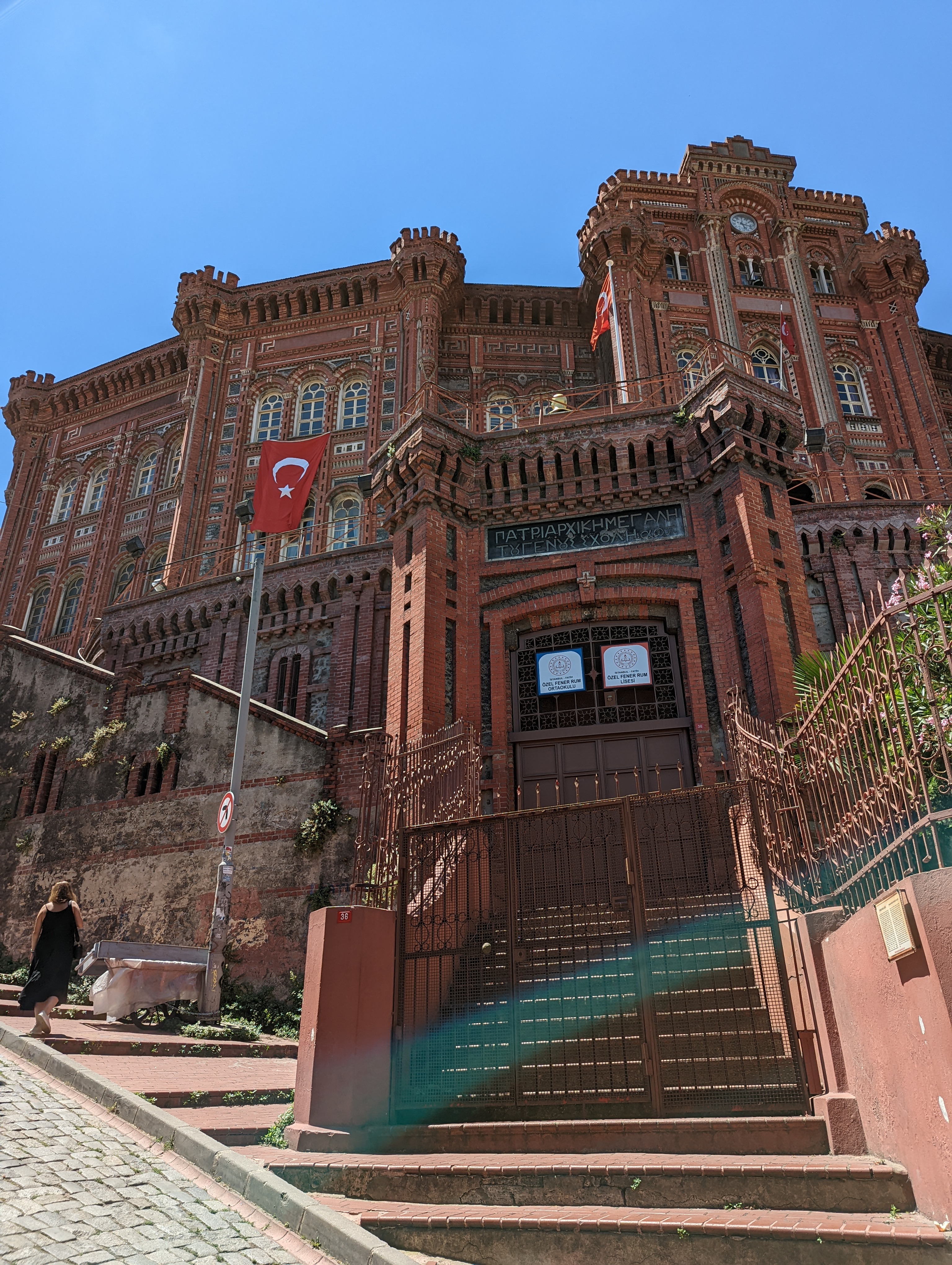 An old schoolhouse (the Fener Greek Orthodox College) at the very top of a steep hill in Istanbul's Balat neighborhood.