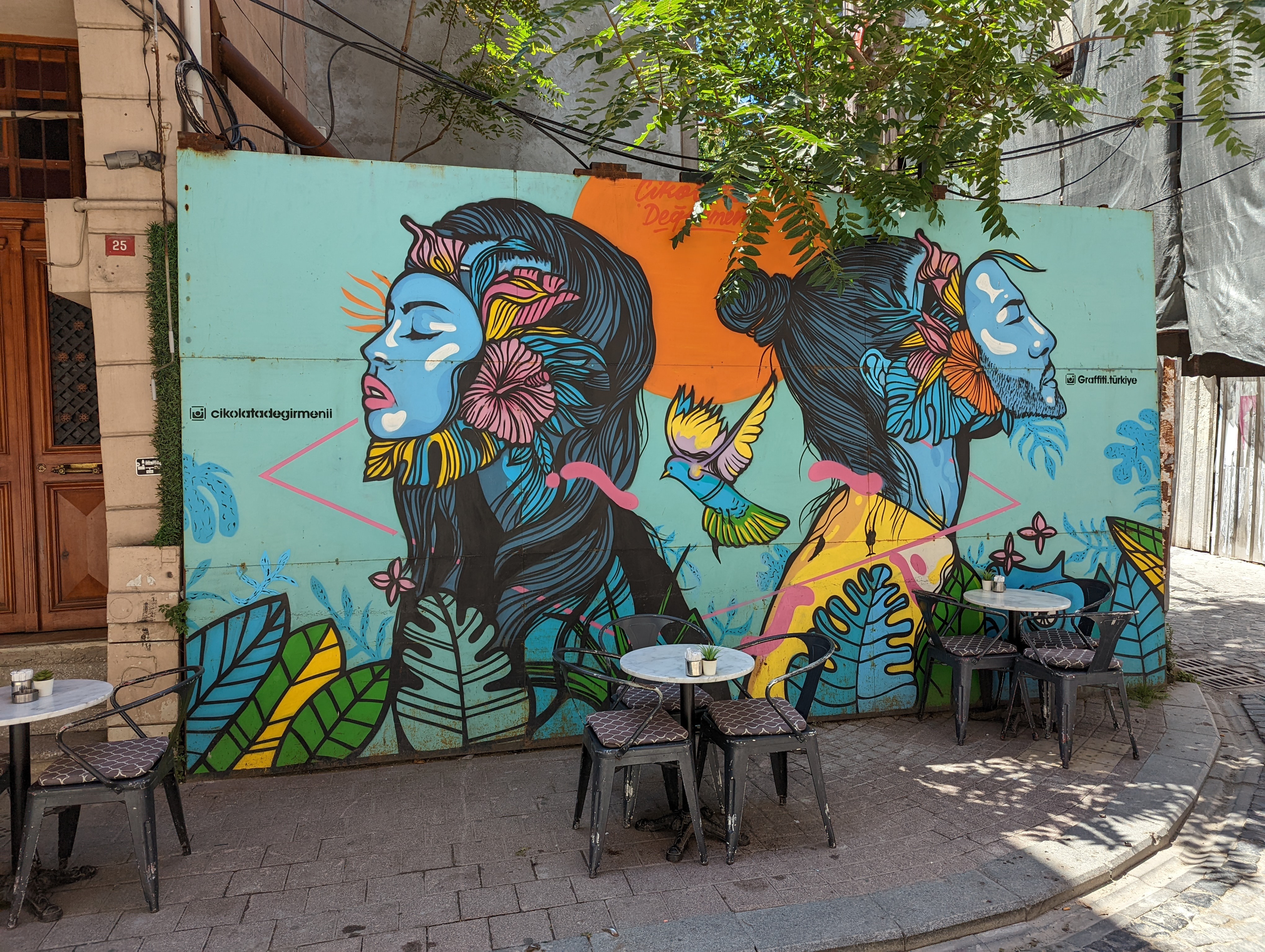 Street art featuring two stylized profiles surrounded by botanical elements, tropical foliage, and a hummingbird near Istanbul's Balat neighborhood.
