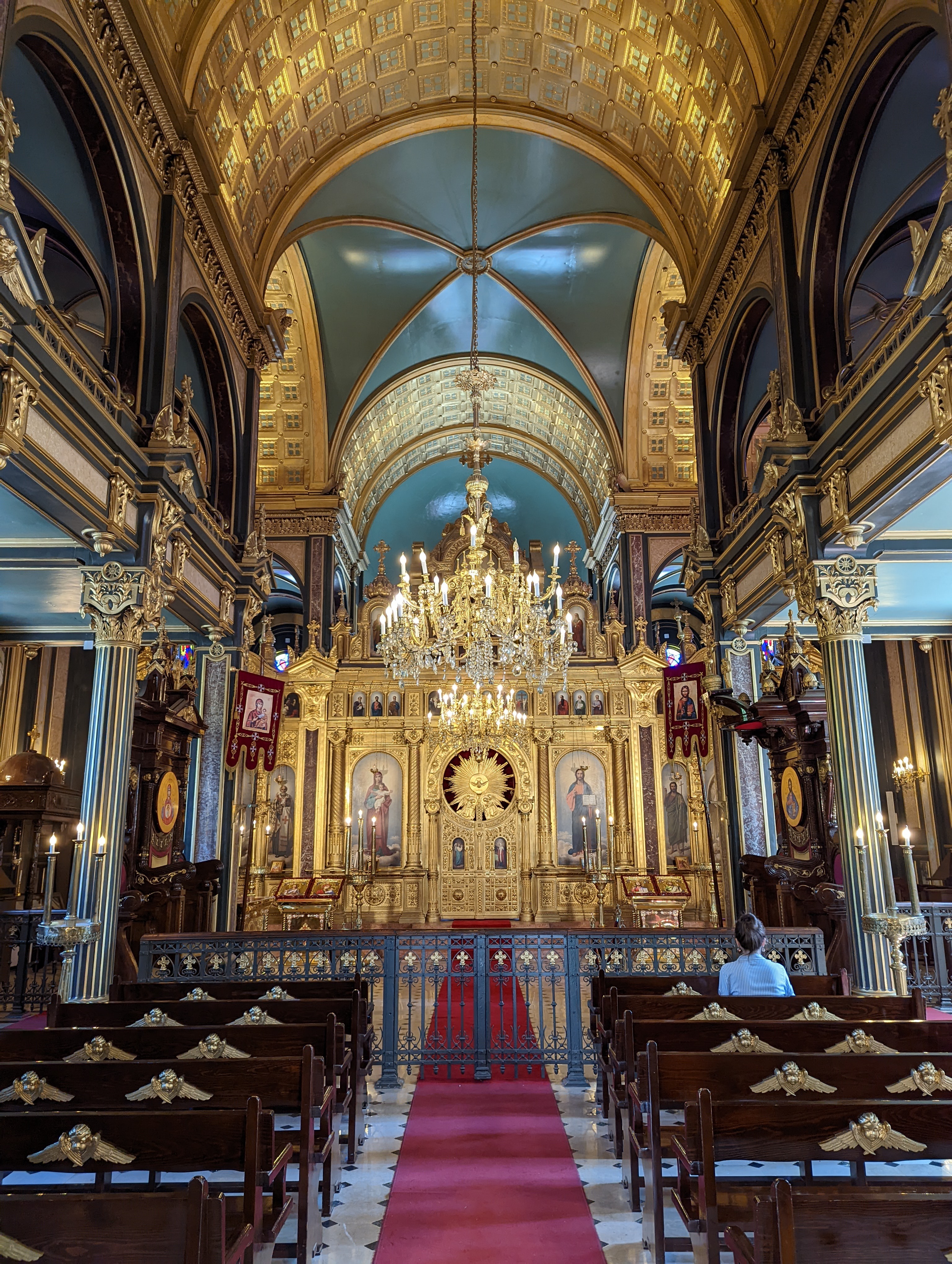 An interior view of the Iron Church (Sveti Stefan) in Istanbul looking towards the altar.