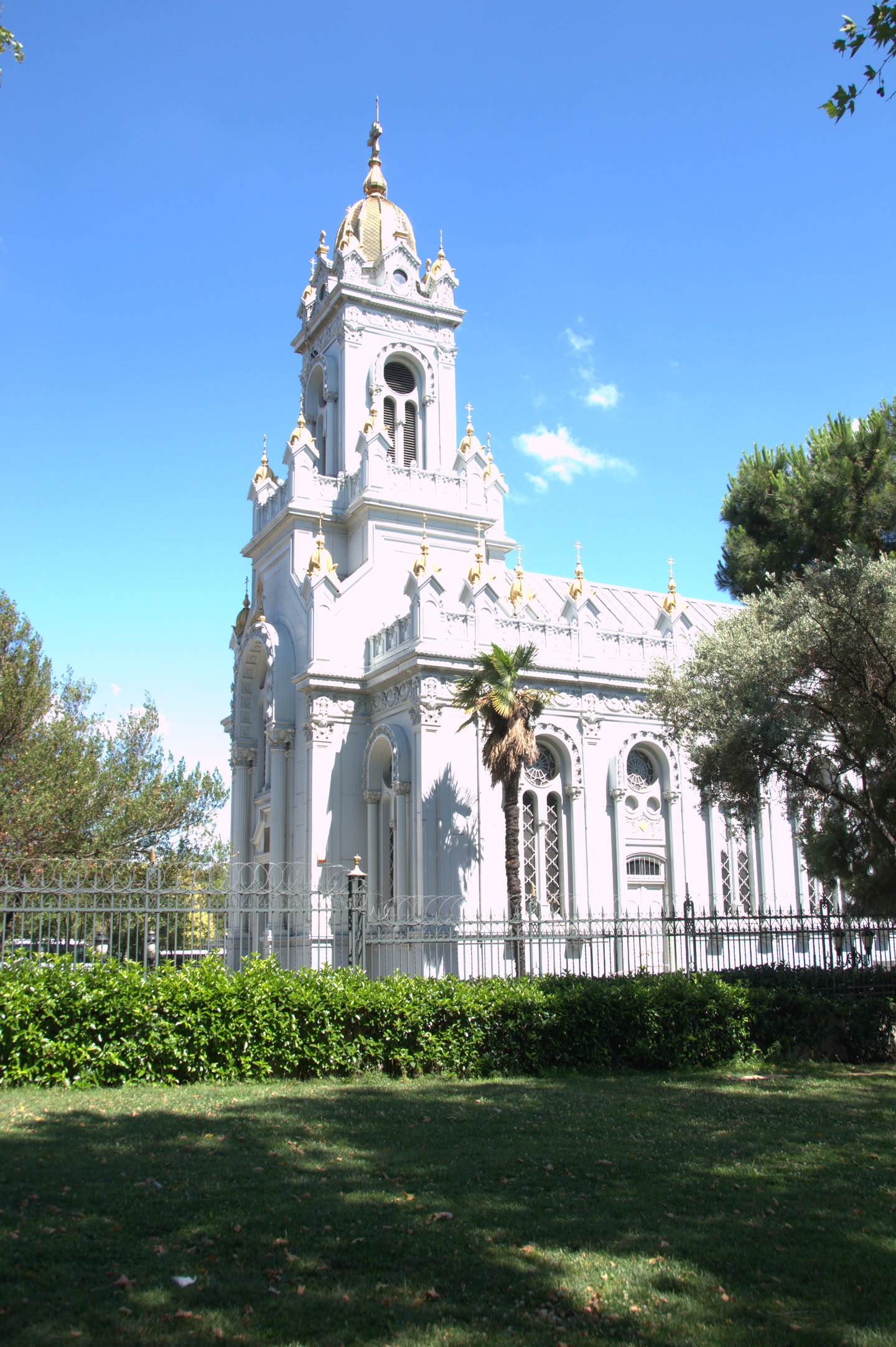 An exterior view of the Iron Church (Sveti Stefan) in Istanbul.  It is painted, pre-fabricated iron made in Austria and shipped to Istanbul to be assembled on-site.