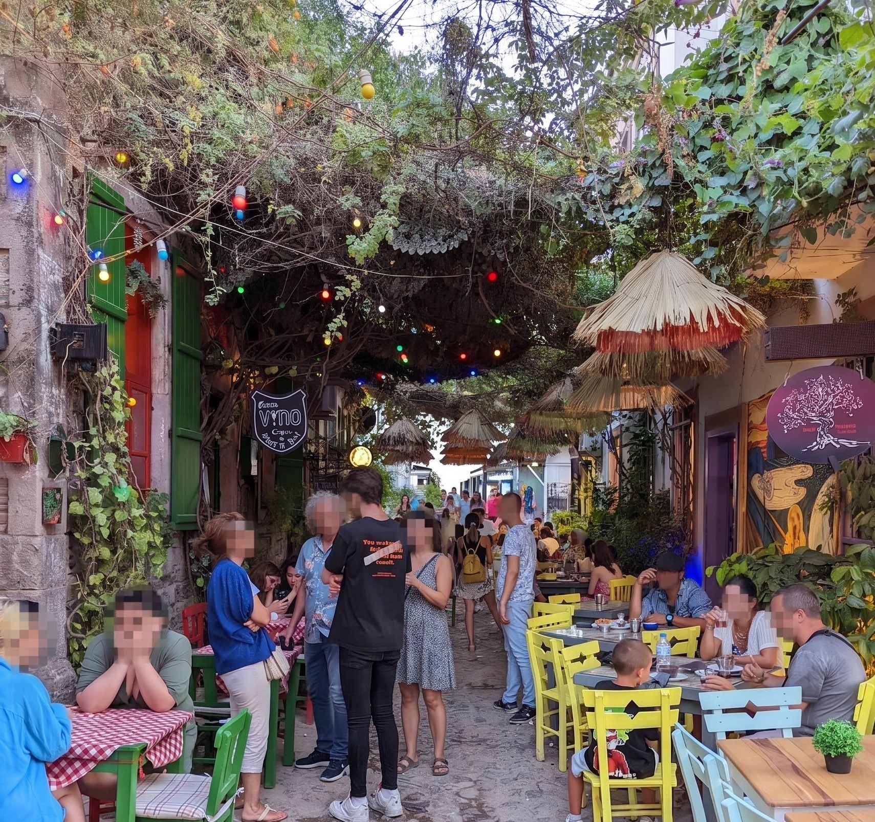 Vine covered alley of restaurants in the Cunda Market area