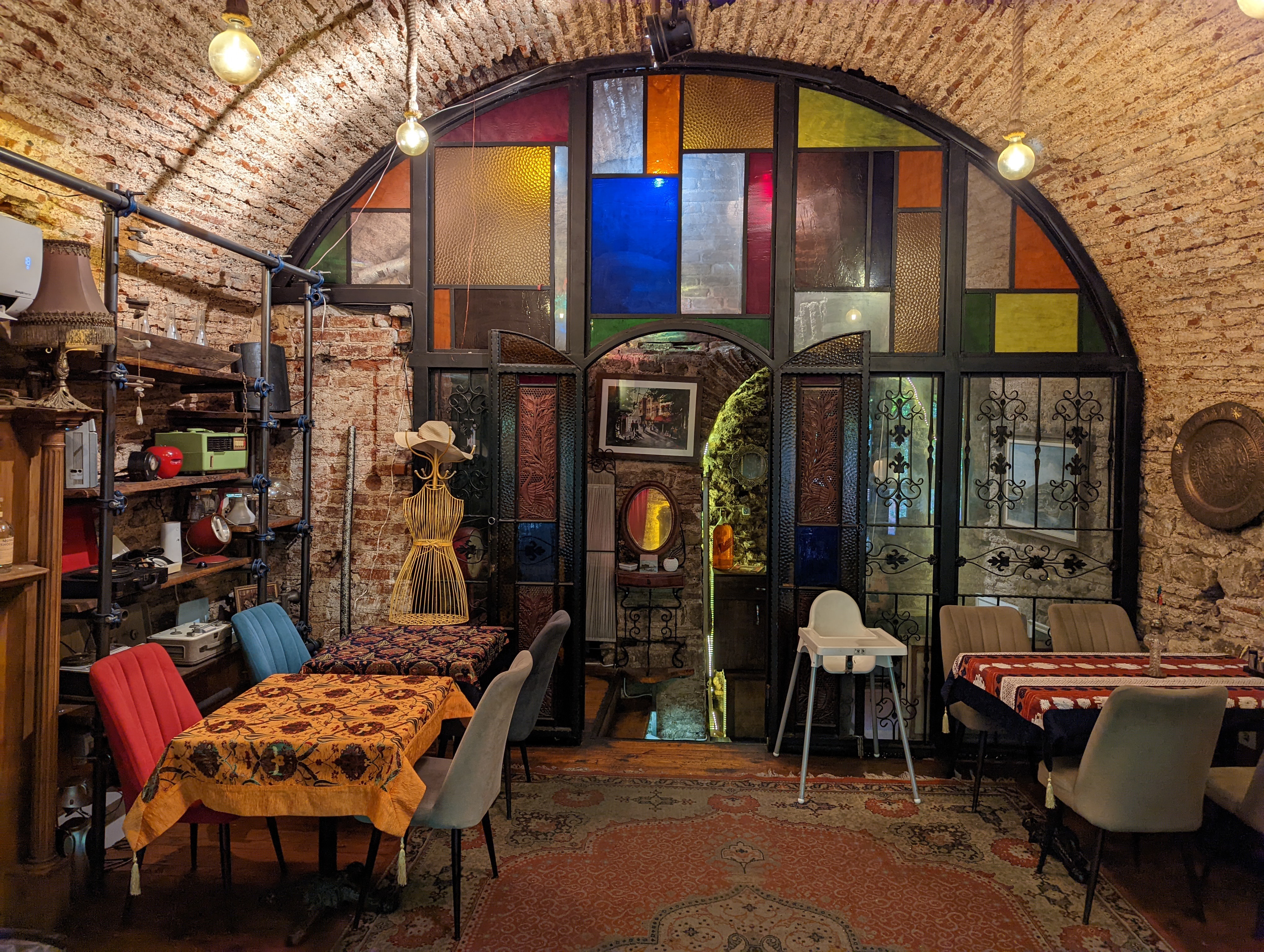The renovated, historic interior of a café located in the Balat neighborhood in Istanbul.