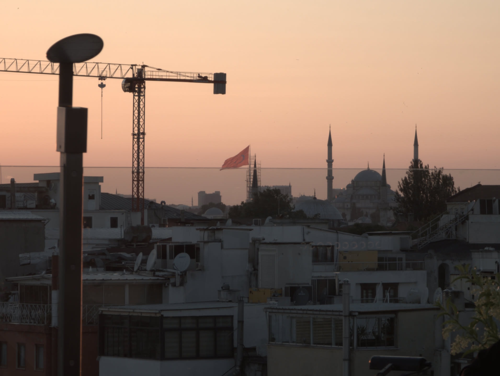 Sunset view from hotel roof toward the Hagia Sophia