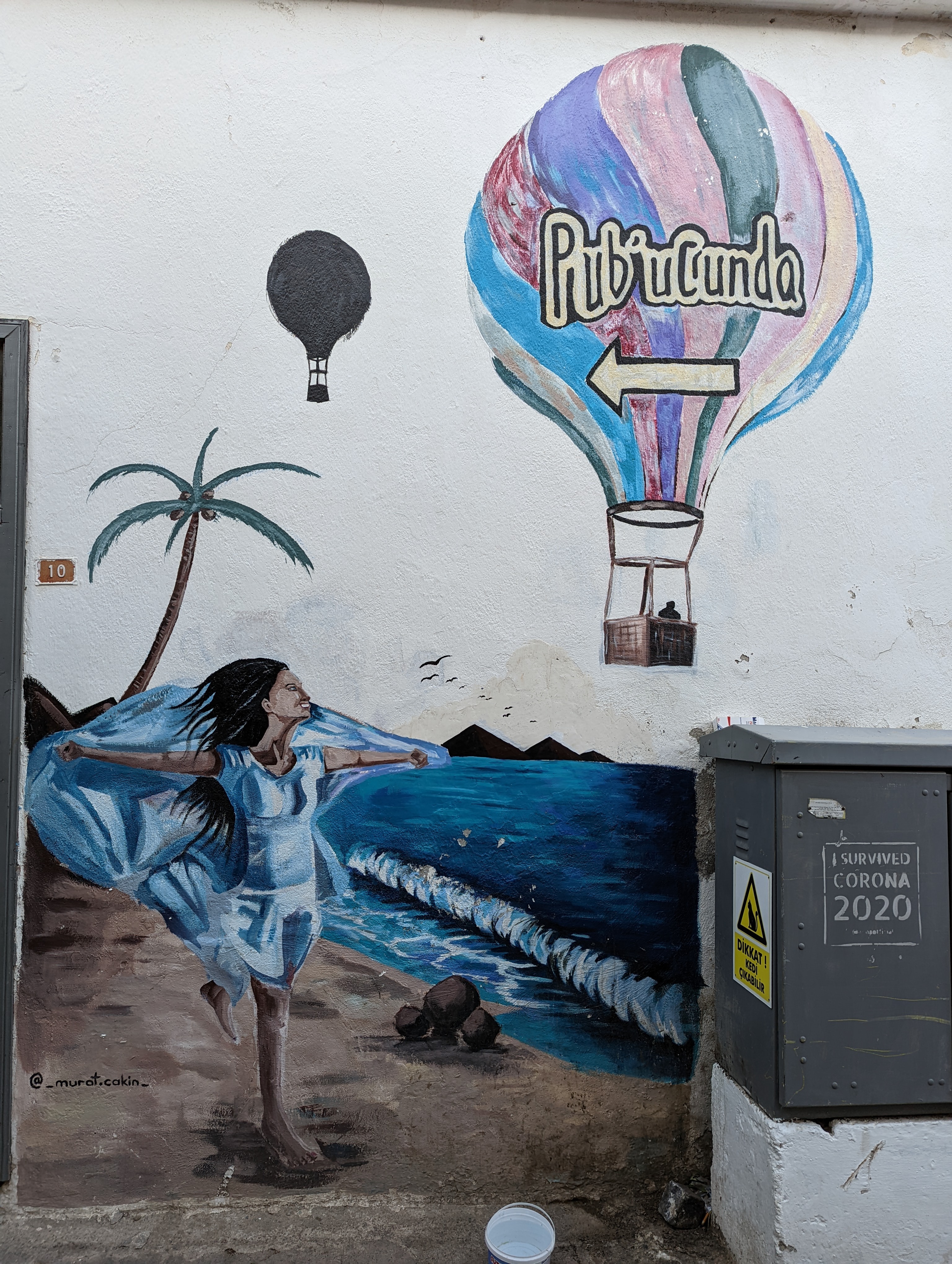 A mural on a wall depicts a woman by the sea with hot air balloons above.     air balloon