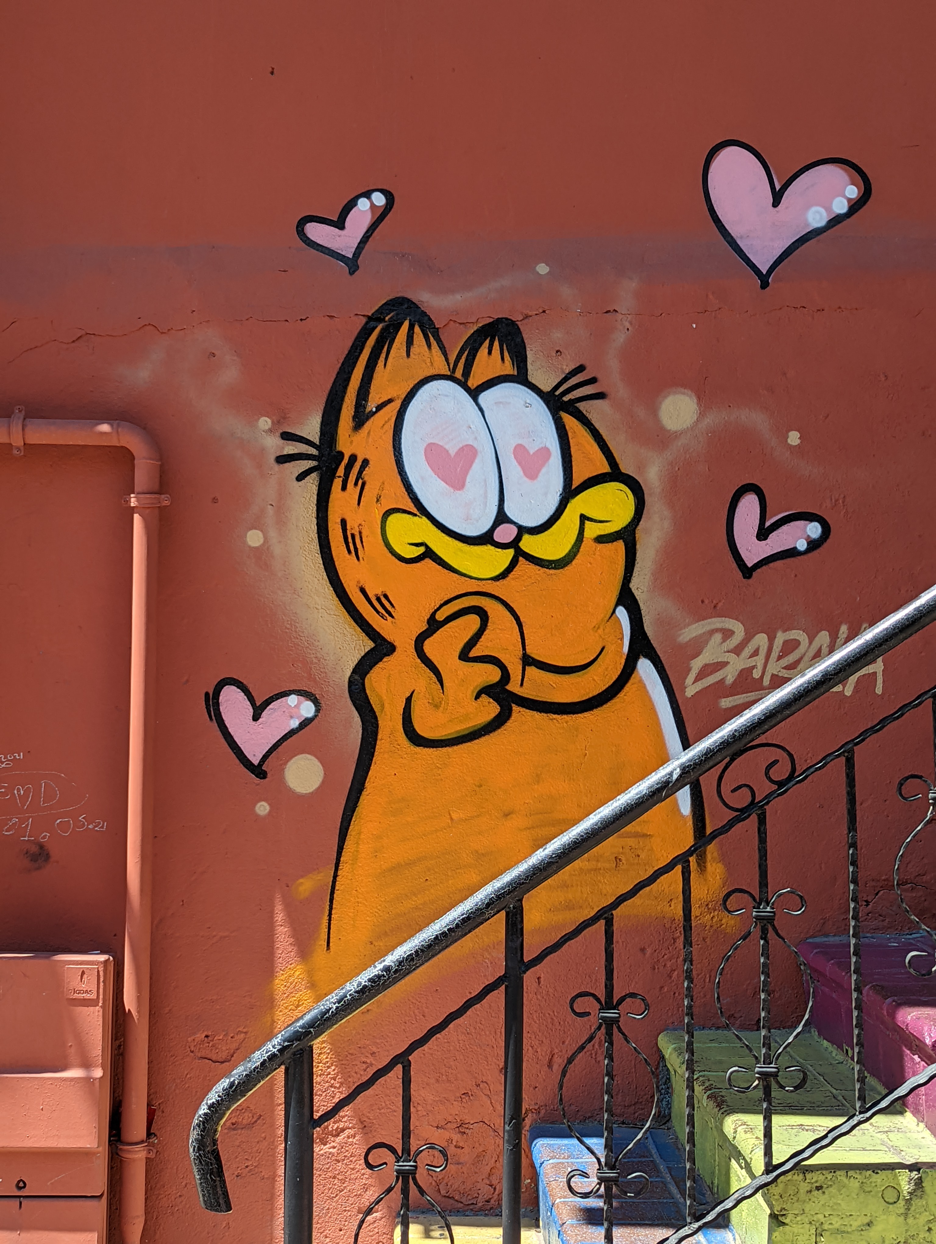 Garfield the cat seems to be smitten in street art located in Istanbul's Balat neighborhood.