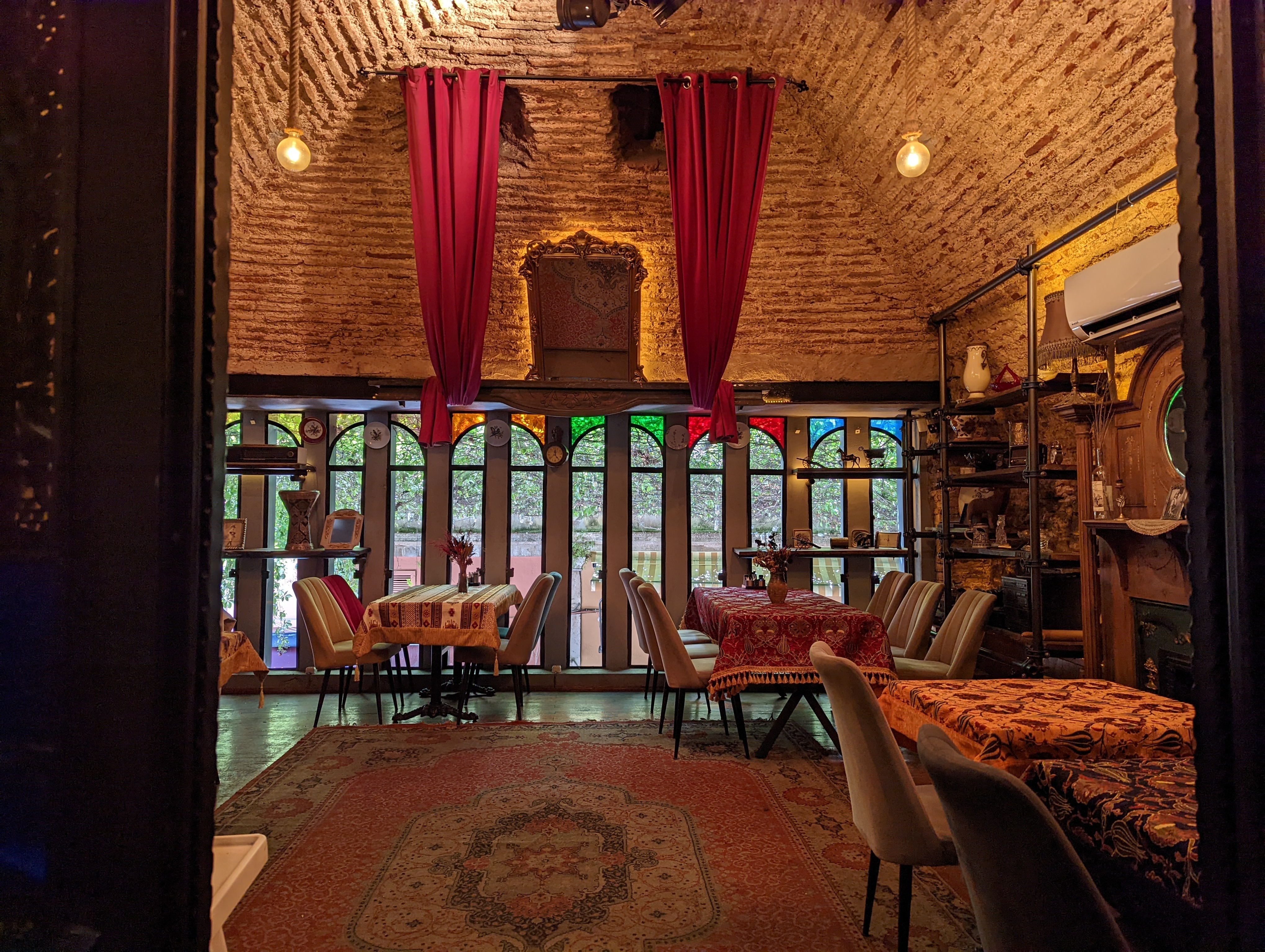 The renovated, historic interior of a café located in the Balat neighborhood in Istanbul.