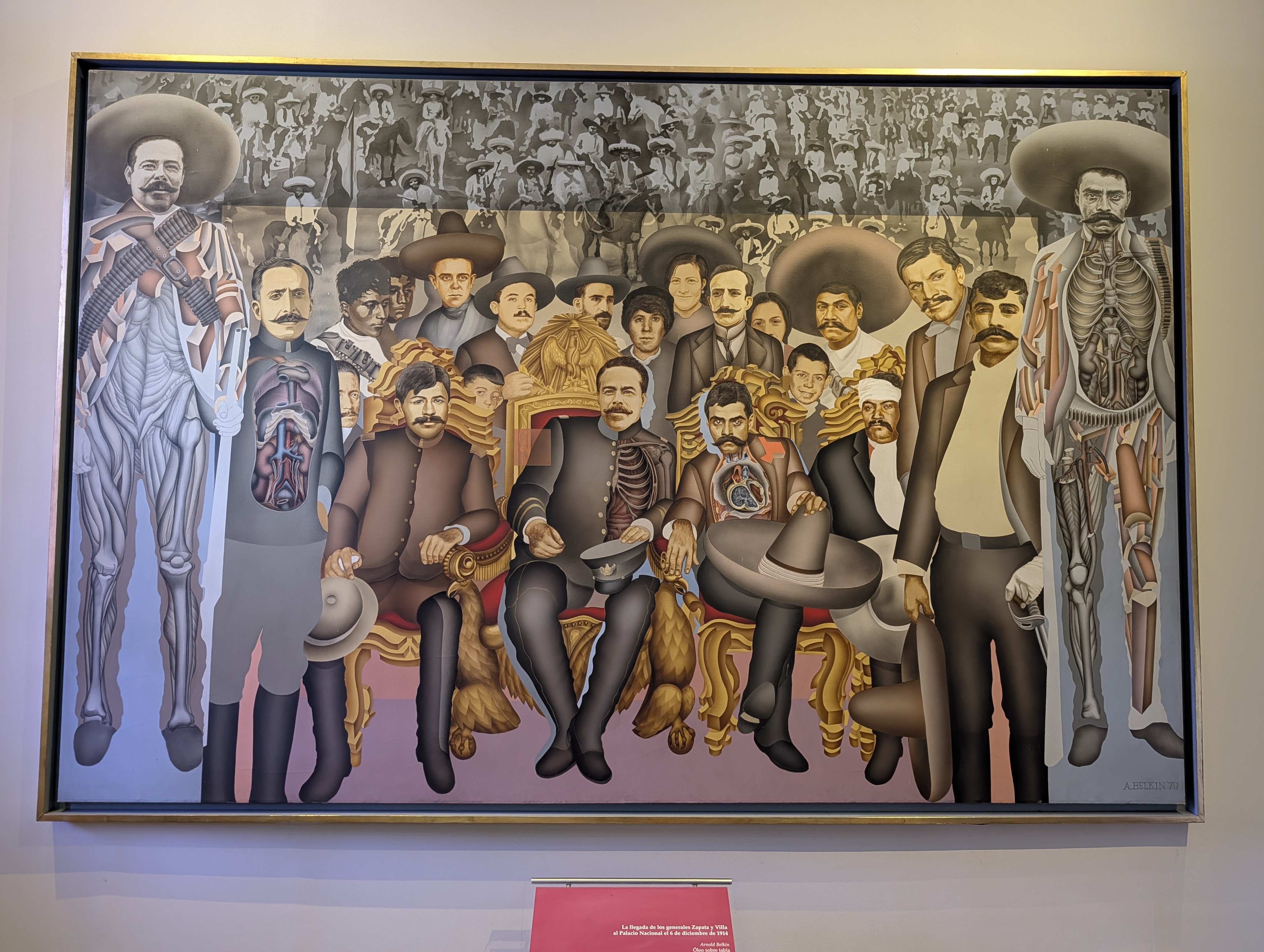 La llegada de los generales Zapata y Villa al Palacio Nacional el 6 de diciembre de 1914 (The arrival of Generals Zapata and Villa at the National Palace on December 6, 1914), painted by Arnold Belkin, oil on panel