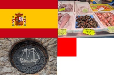 Clockwise: flag of Spain, fish market, flag of Bilbao, Window at San Juan Ermita