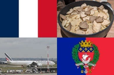 Clockwise: flag of France, truffle pasta, flag of Paris, jet on runway