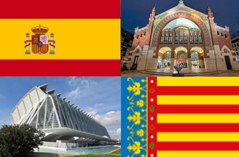 Clockwise: flag of Spain, Central Market, flag of València, Science museum