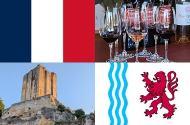 Clockwise: flag of France, wine flight, flag of Nouvelle Aquitaine, King's Tower