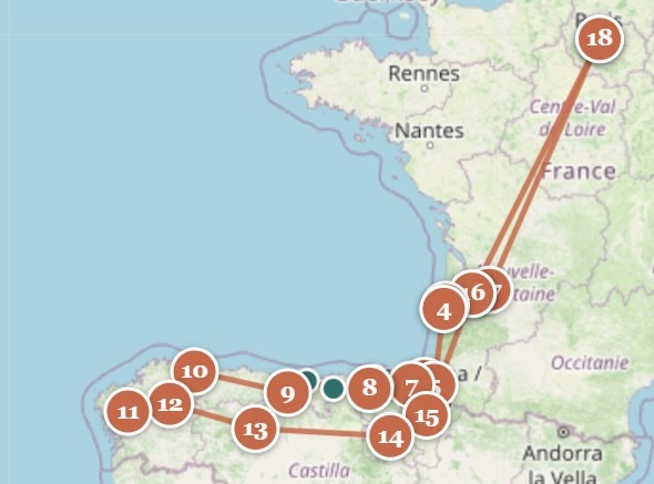Map showing our 2025 stops in France and Spain