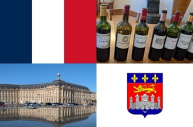 Clockwise: flag of France, wine tasting bottles, flag of Bordeaux, Place de la Bourse