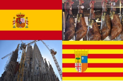 Clockwise: flag of Spain, jamóns hanging, flag of Catalunya, Sagrada Família