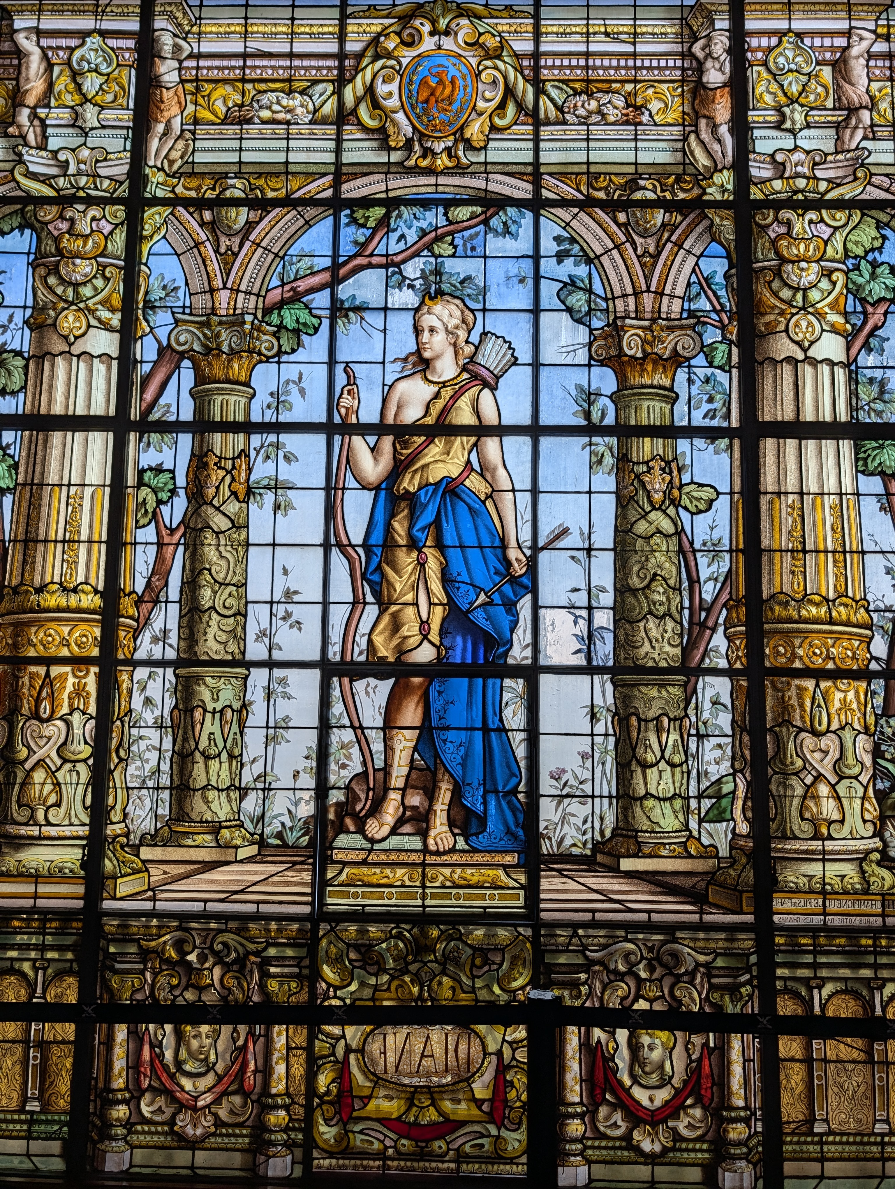 A stained glass window in the upper castle