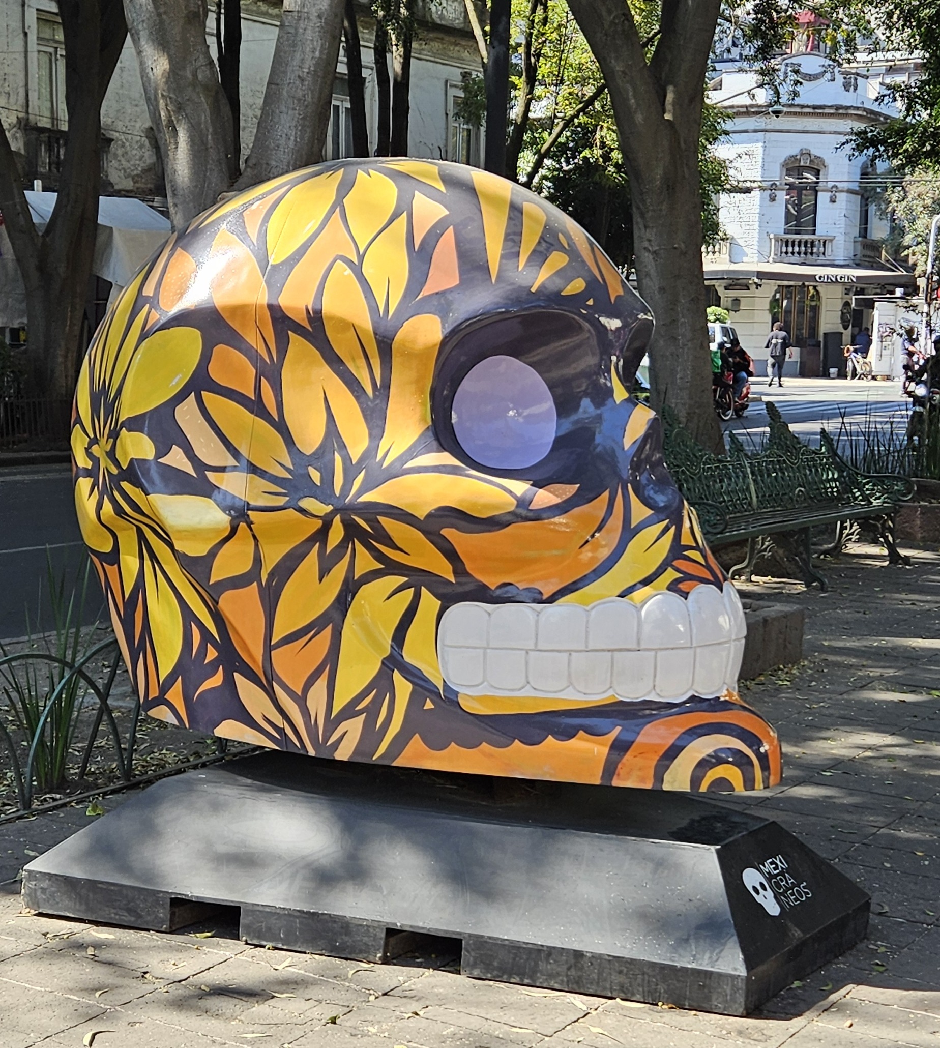 One of the decorated skulls in an art project along Avenida Álvaro Obregón