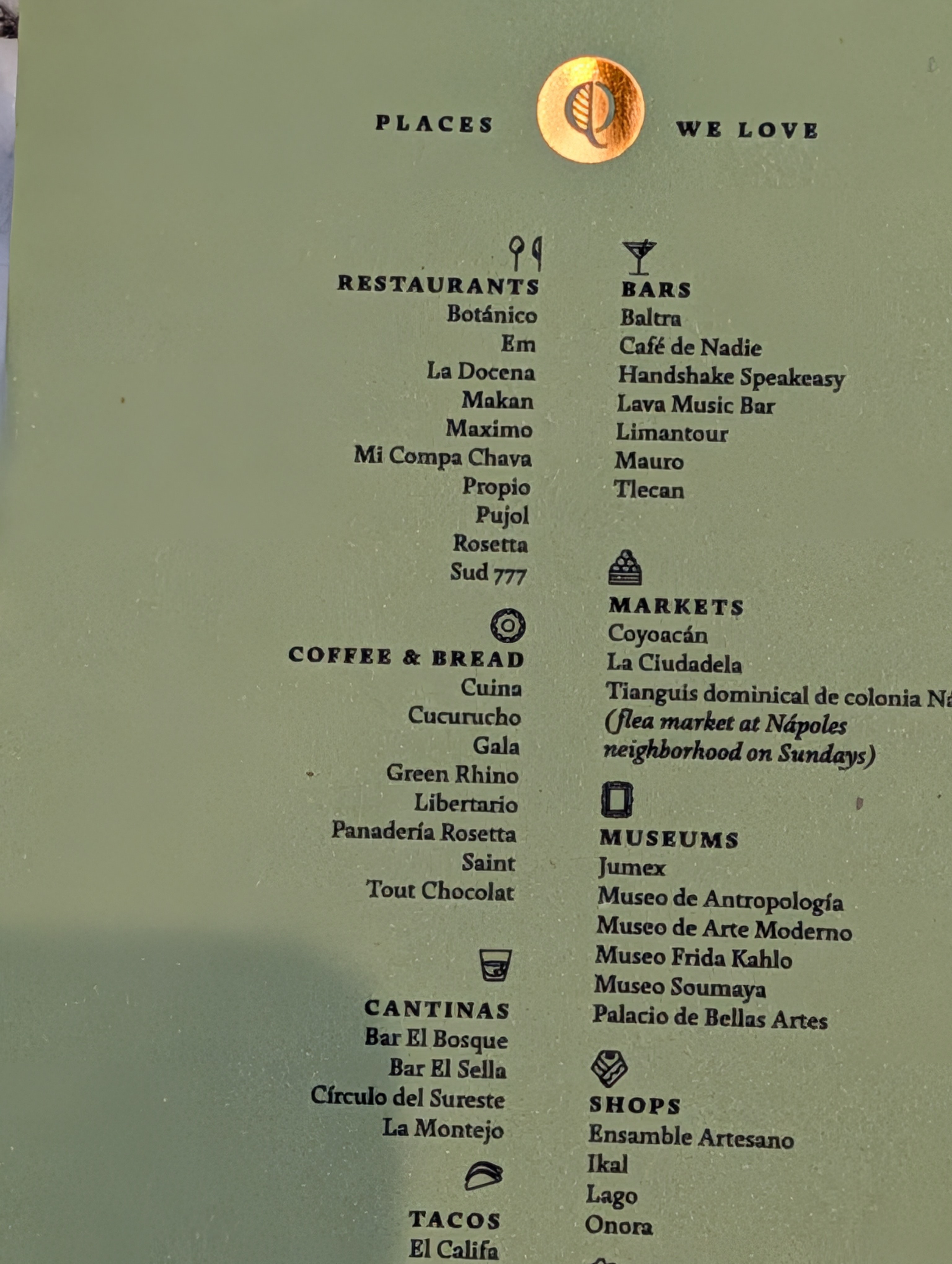 CDMX recommendations list from Quintonil
