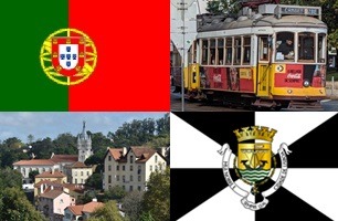 Clockwise: flag of Portugal, Tram 28, flag of Lisbon, Sintra