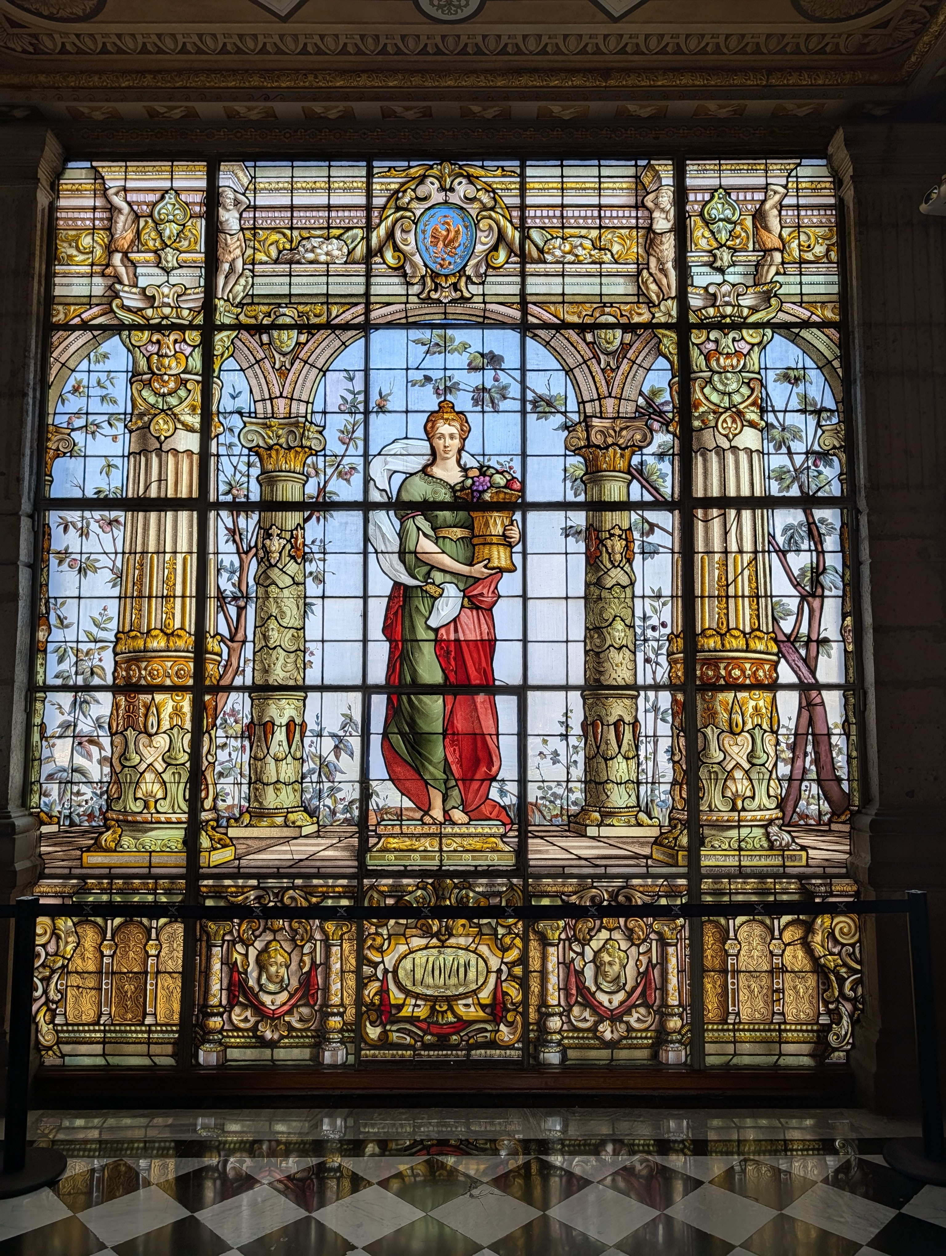 A stained glass window in the upper castle