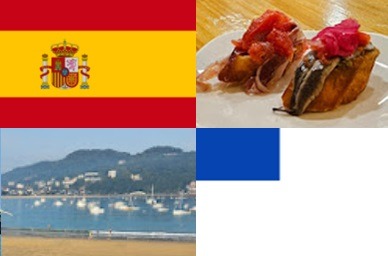 Clockwise: flag of Spain, pinxtos, flag of San Sebastián, La Kontxa