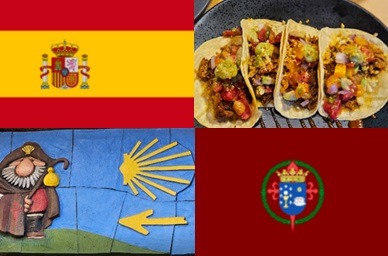 Clockwise: flag of Spain, terrific tacos, flag of Santiago de Compostela, directing pilgrims to the cathedral
