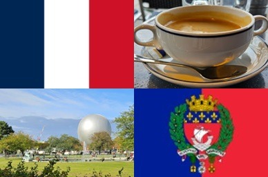 Clockwise: flag of France, morning coffee, flag of Paris, Tuileries garden