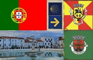 Clockwise: flag of Portugal, Pointing the way of the Camino, flag of Évora, flag of Estremoz, Lago do Gardanha
