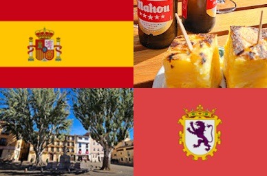 Clockwise: flag of Spain, beer and snacks in Lugo, flag of León, Plaza del Grano