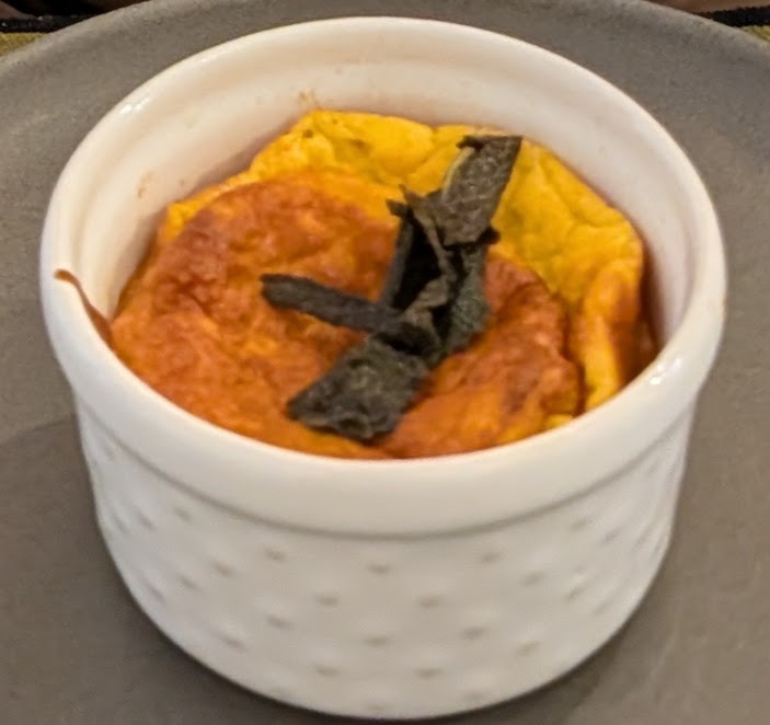 Pumpkin souffle topped with crisped sage leaves
