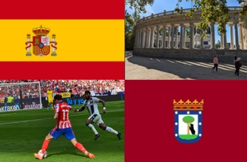 Clockwise: flag of Spain, Monument to Alfonso XII in Retiro Park, flag of Madrid, Athletico vs. Leganes