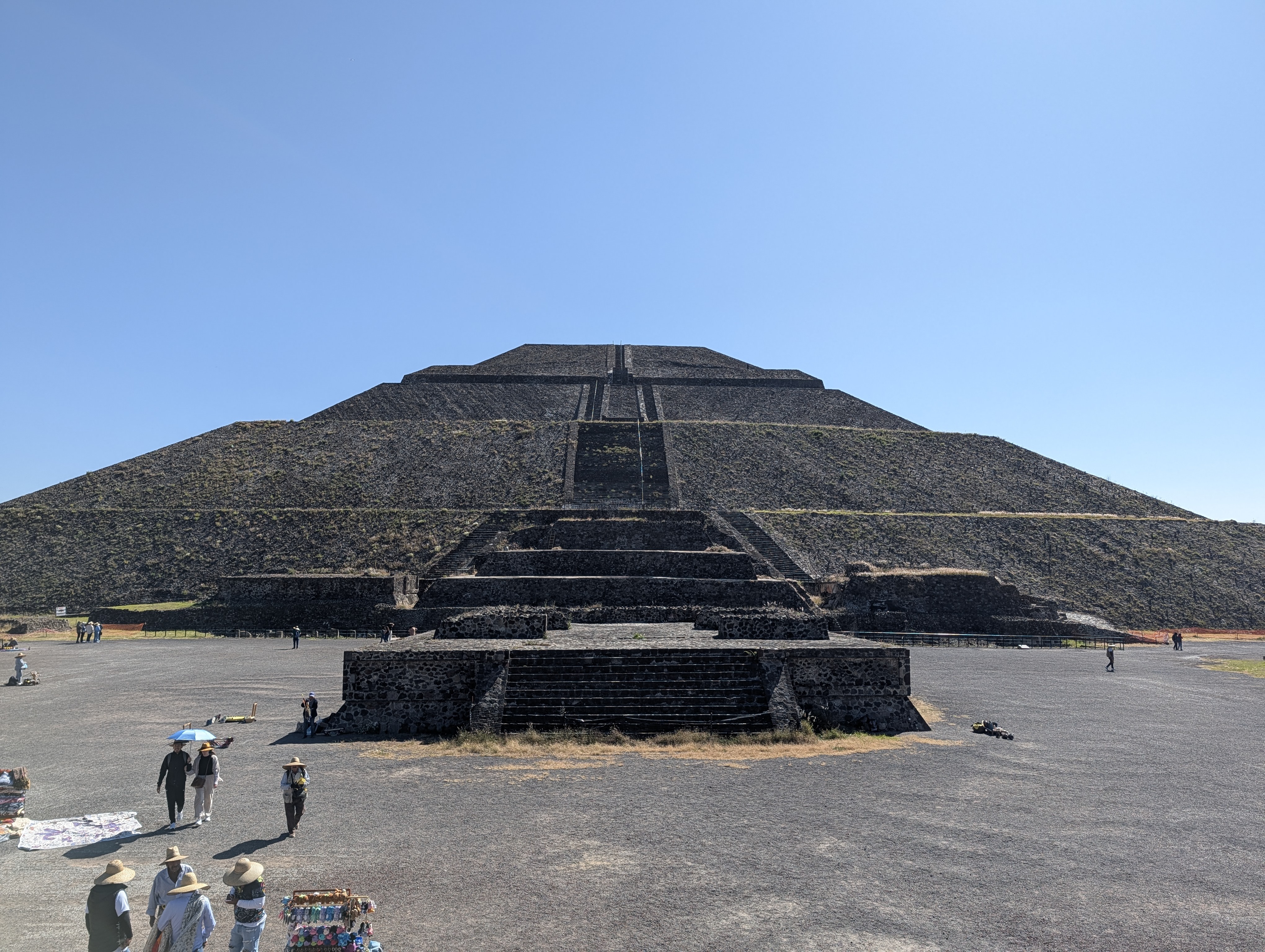 The Pyramid of the Sun in Teotihuacán, Mexico viewed from the west, along the Avenue of the Dead.