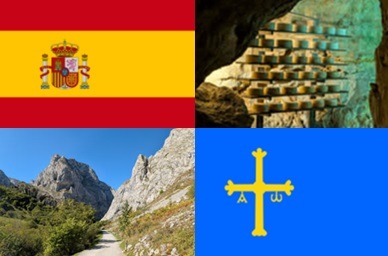 Clockwise: flag of Spain, Cabrales cheese cave, flag of Asturias, Bulnes hiking