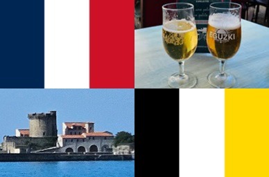 Clockwise: flag of France, local beers in Espelette, flag of Arcachon, Socoa Fort Coboure