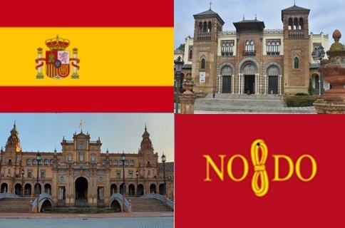Clockwise: flag of Spain, Estanque Central de Plaza de América, flag of Seville, Plaza de España