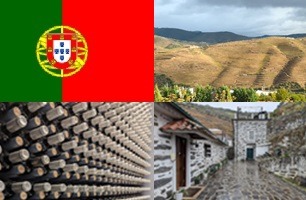 Clockwise: flag of Portugal, Fado music at Caves Calem, flag of Porto, Douro river boats