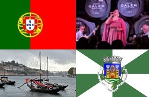 Clockwise: flag of Portugal, Fado music at Caves Calem, flag of Porto, Douro river boats