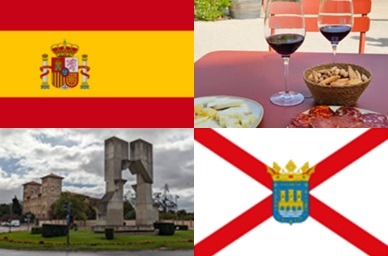 Clockwise: flag of Spain, wine and snacks in Haro, flag of Logroño, Monumento al IX Centenario de Fuero de Logroño