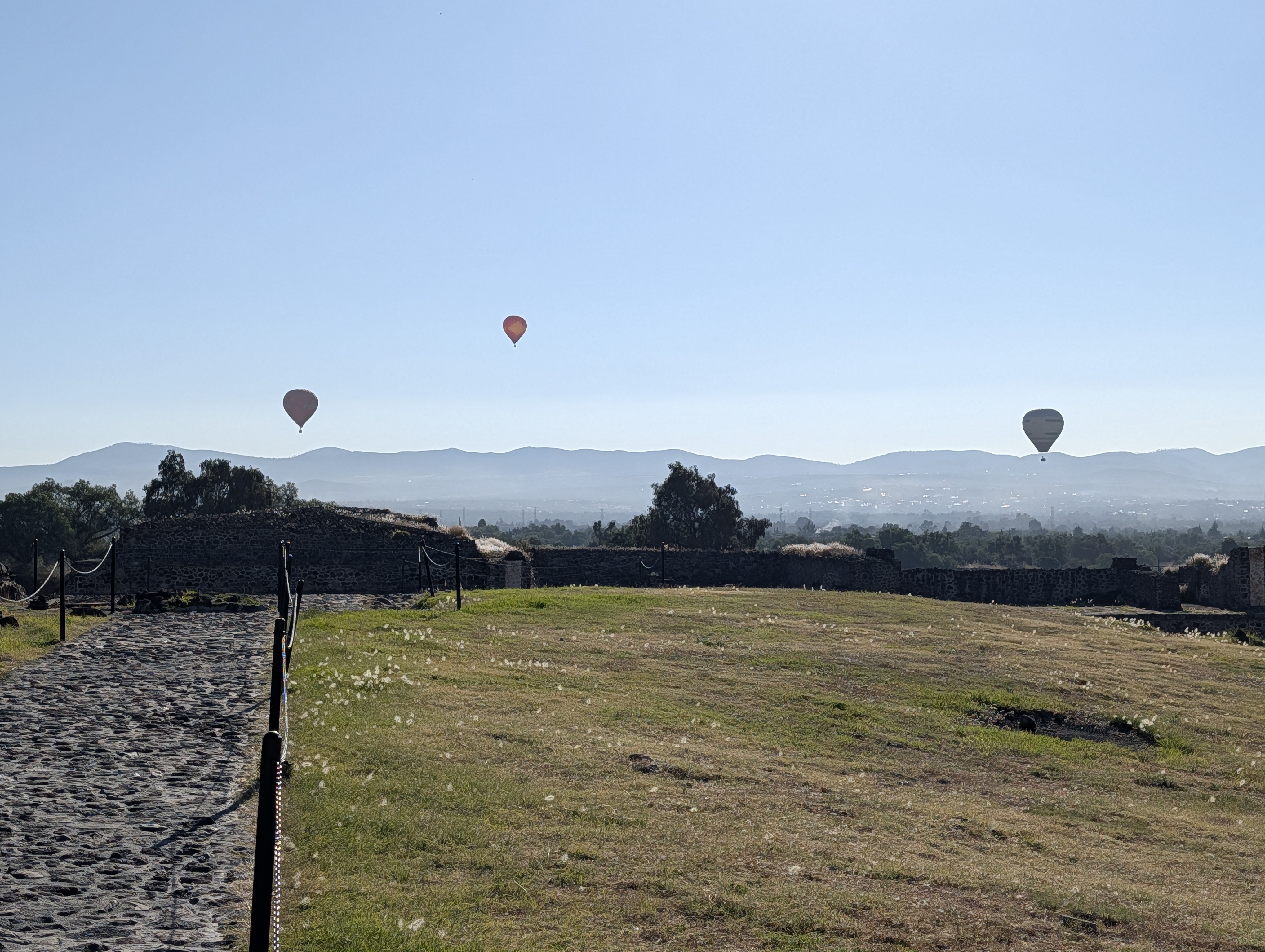 Hot air balloons are visible over a landscape with cacti and trees under a clear blue sky.