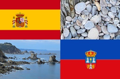 Clockwise: flag of Spain, pebbles on Playa de Silencio, flag of Lugo, Playa de Silencio