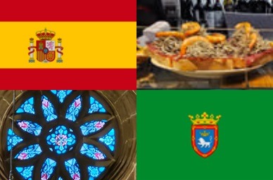 Clockwise: flag of Spain, pinchos, flag of Pamplona, rose window of Cathedral of Santa María
