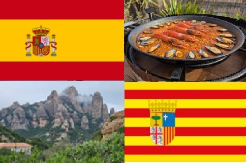 Clockwise: flag of Spain, paella, flag of Catalunya, Montserrat