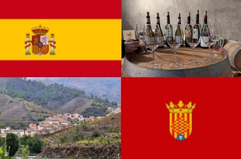 Clockwise: flag of Spain, Wines at Celler de L'Encastell in, flag of Tarragona, Poboleda (probably)