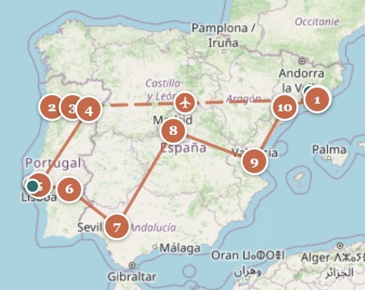 Map showing our 2024 stops in Spain and Portugal