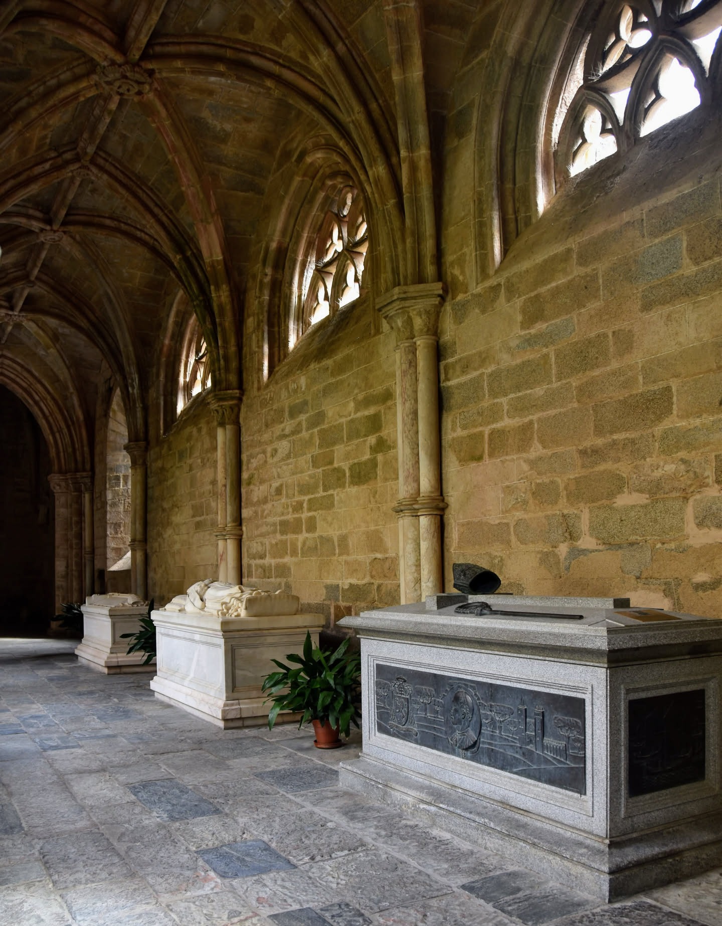 Cloister hallway displays crypts of founder and others