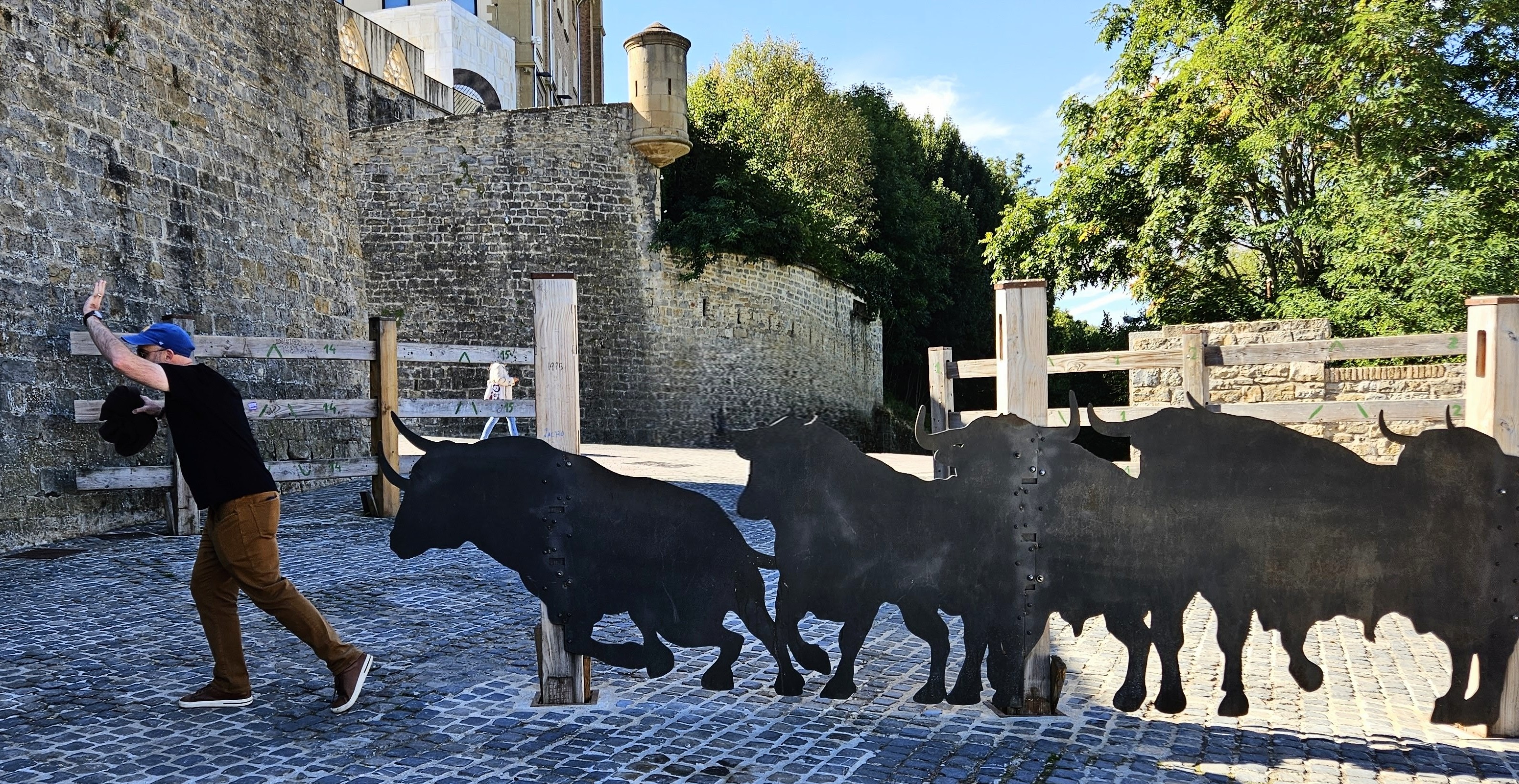 Comically running from the bulls
