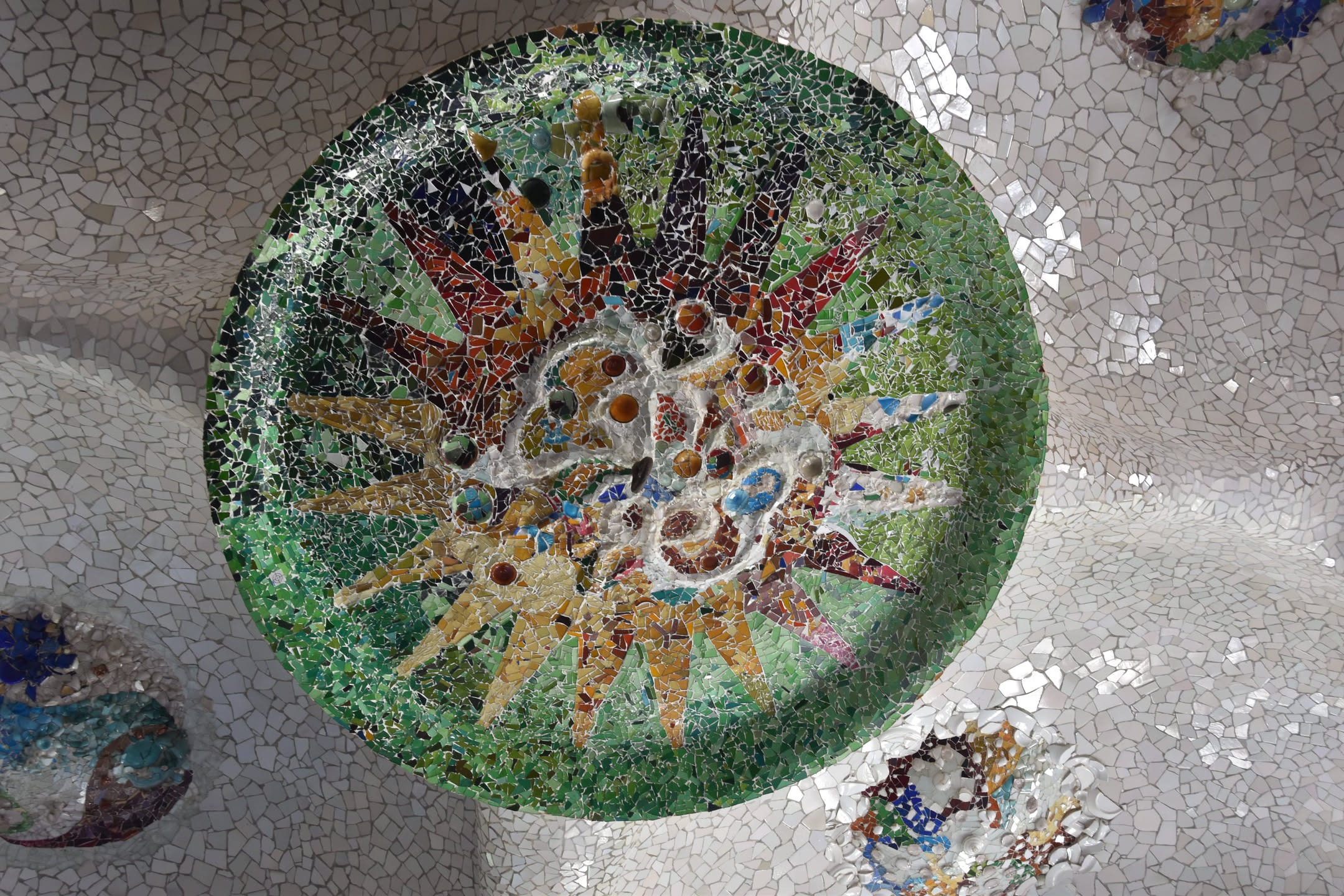 Tile ceiling detail of marketplace at Parque Güell