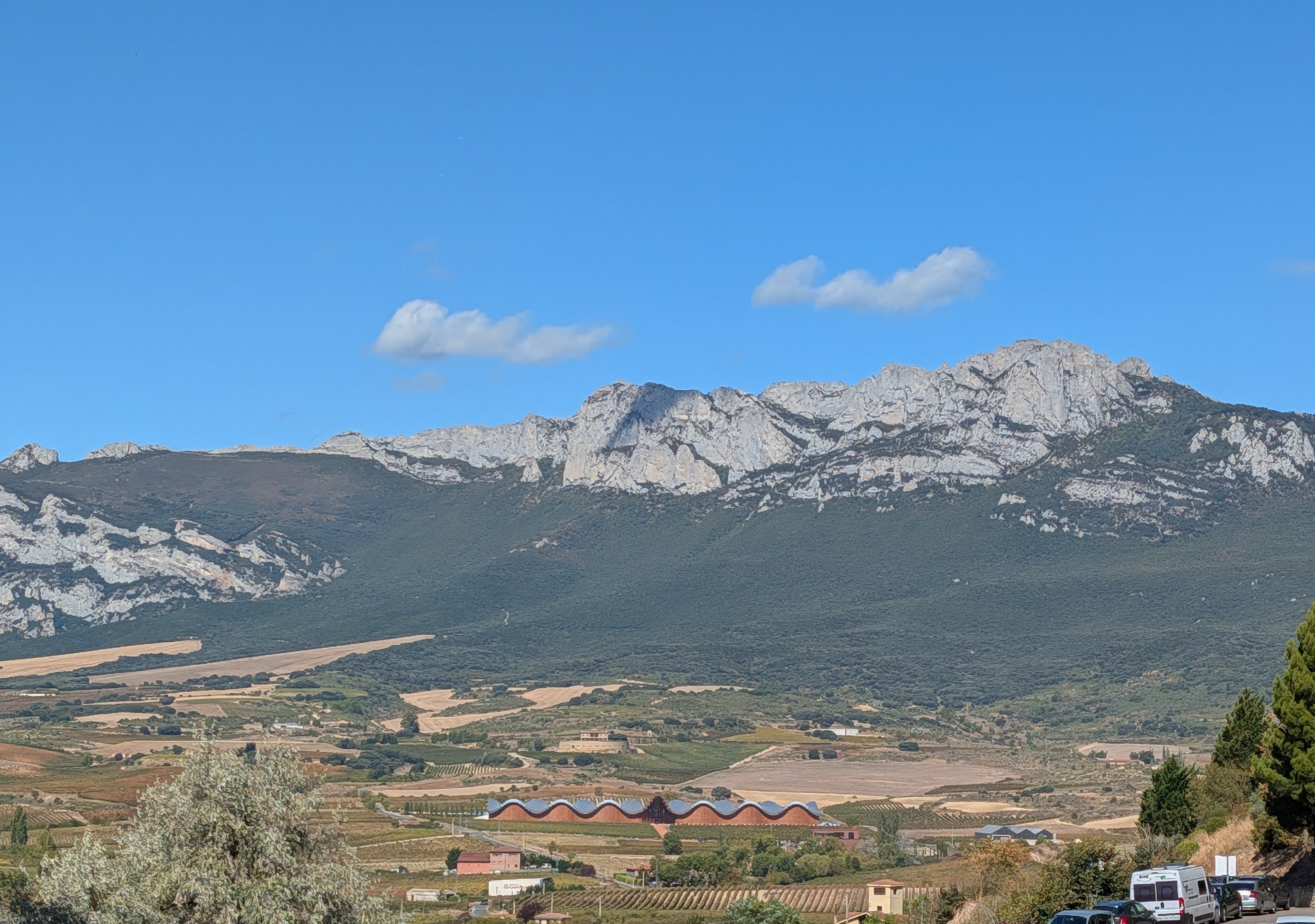 View from Laguardia shows Bodegas Ysios and Cantabrian mountains