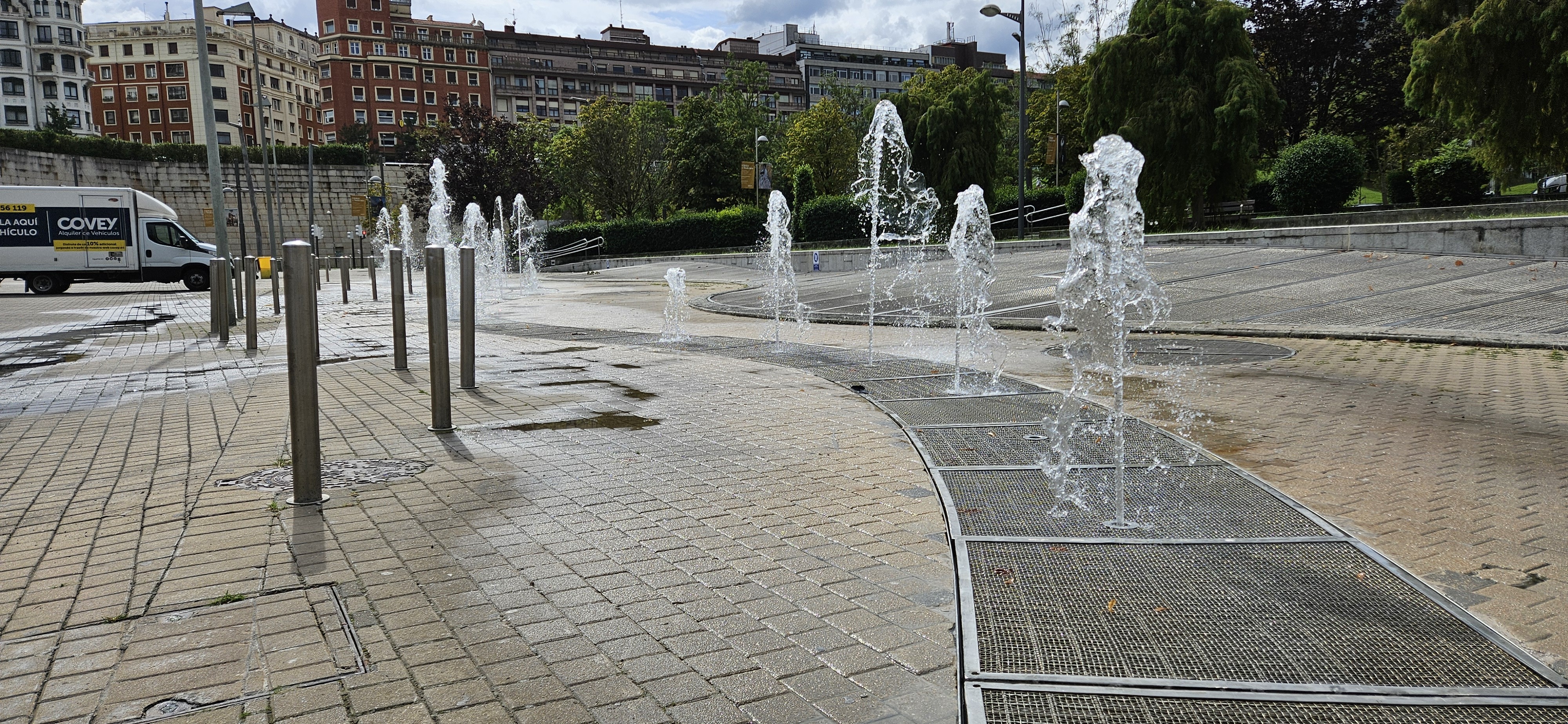 Scultpural fountains along a path