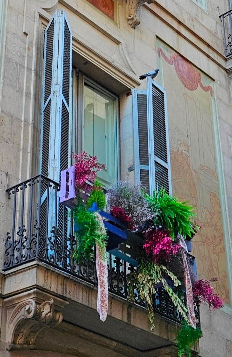 Decorated windows along an alley near Las Ramblas