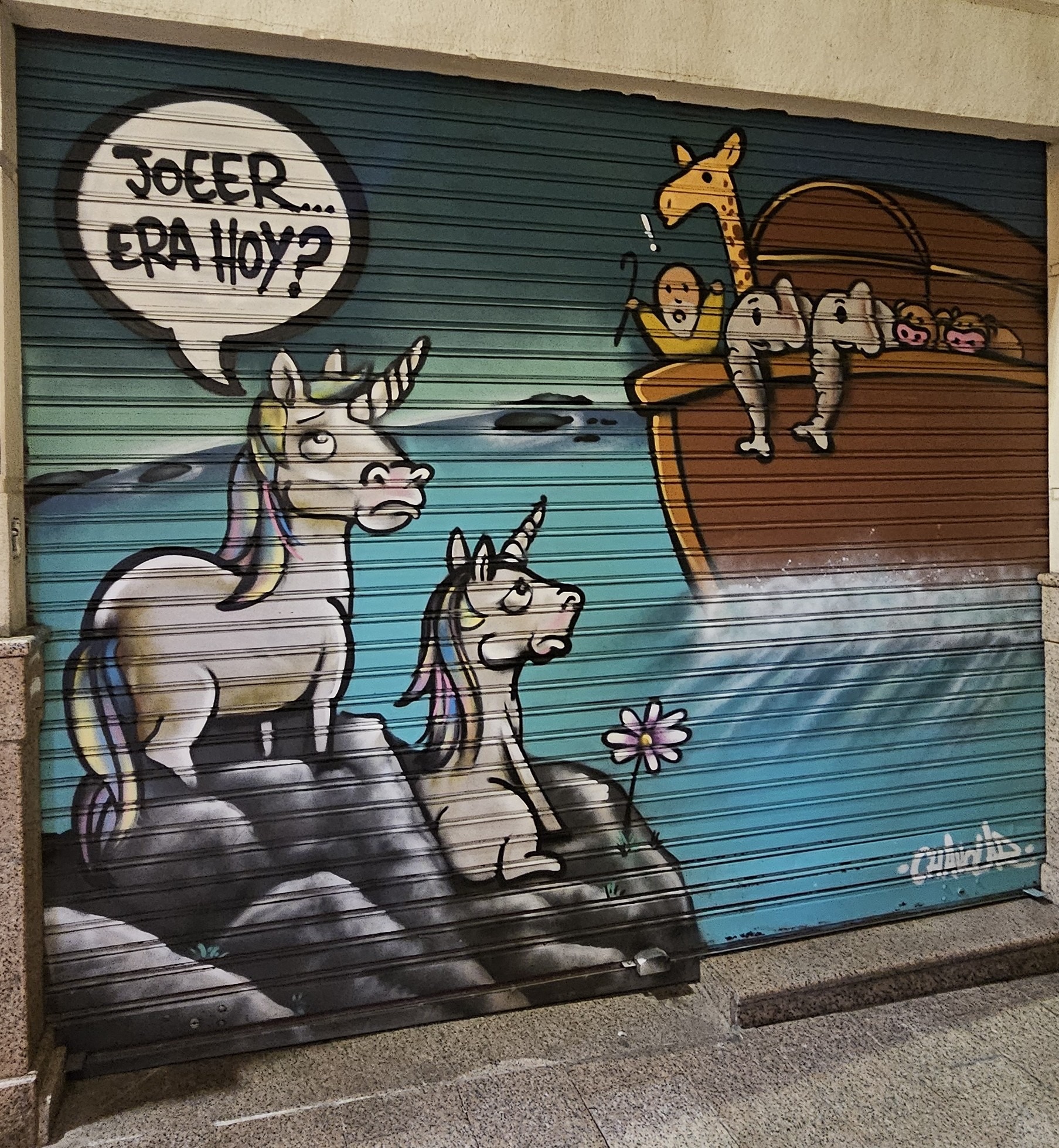 Humorous street art explaining why unicorns didn't make it onto Noah's ark
